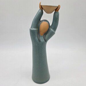 Celestial Earth Ceramic Woman Holding Bowl Sculpture Green & Tan Glaze 11" Tall
